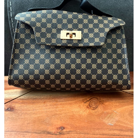 Satchel Top Handle Bag Brown Geometric Print Gold Hardware‎ Elegant - Picture 1 of 7